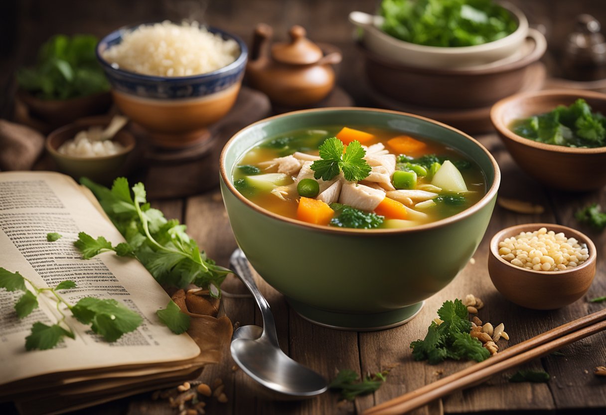 A steaming bowl of Chinese chicken vegetable soup sits on a rustic wooden table, surrounded by colorful ingredients and a recipe book