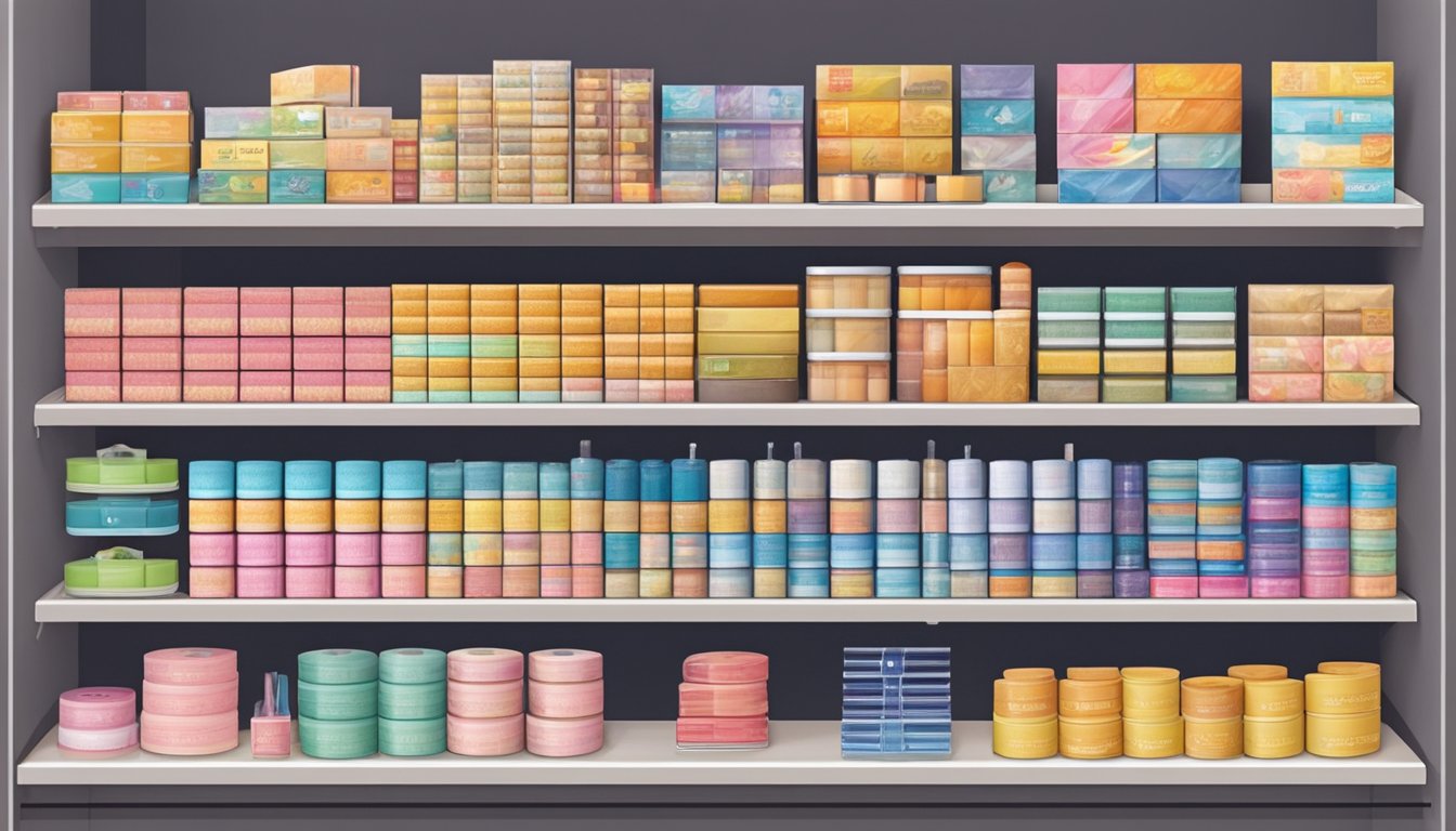 A display of double eyelid tape at a Singaporean store. Various brands and types are neatly arranged on a shelf, with price tags clearly visible