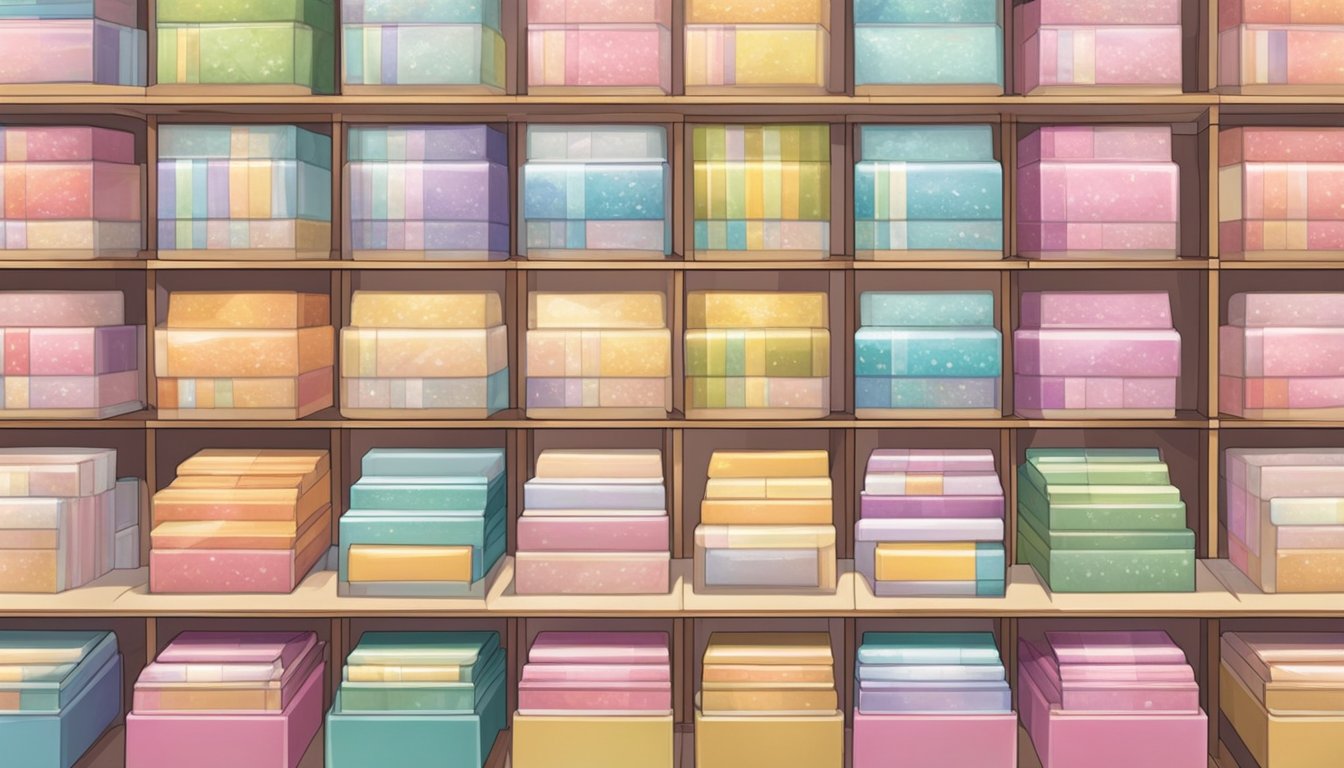 A display of double eyelid tape packages on a shelf in a Singaporean beauty store