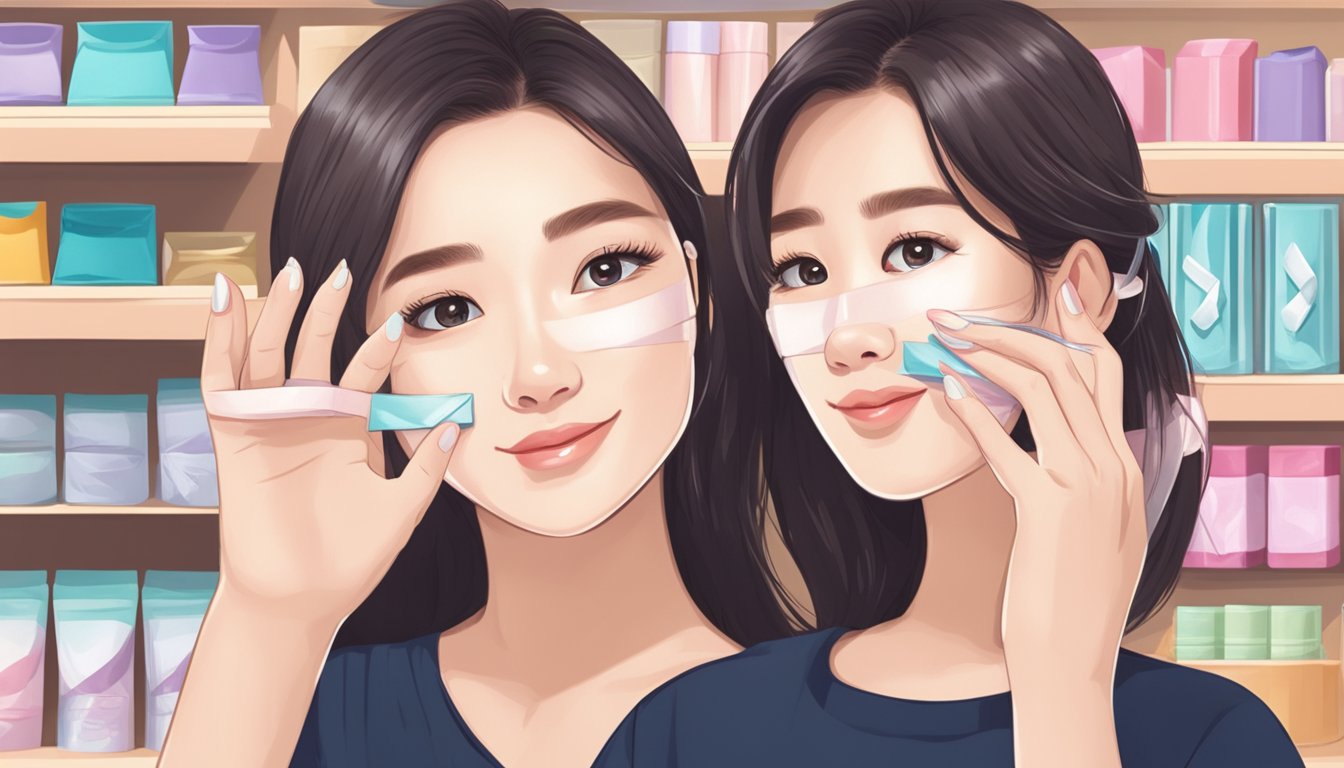 A hand reaches for a display of double eyelid tape in a Singaporean beauty store
