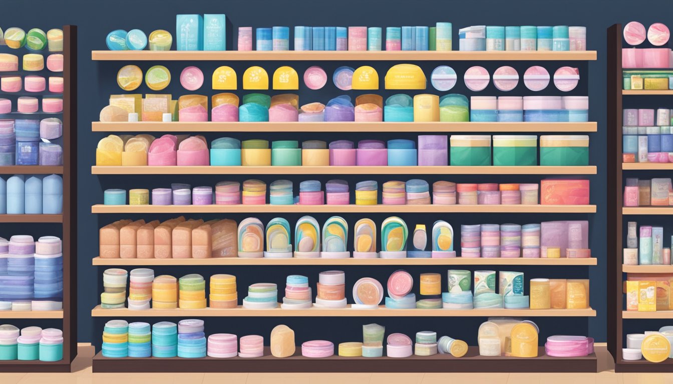 A shelf lined with various brands of double eyelid tape in a Singaporean store. Bright lighting and clean packaging