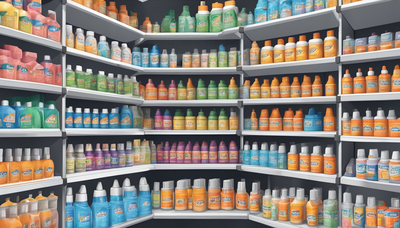 Shelves stocked with Elmer's clear glue bottles in a Singaporean store