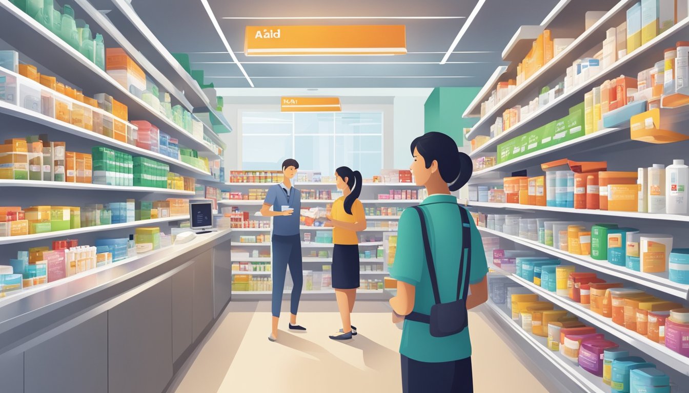 A brightly lit pharmacy shelf displays various first aid boxes in Singapore. Customers browse the selection, while a helpful staff member assists a customer