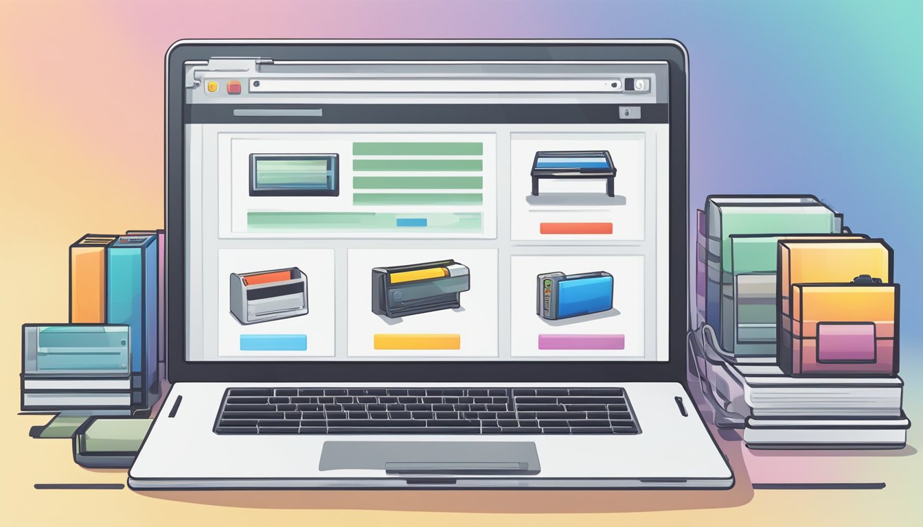 A computer with an open web browser displaying an online store, with a search bar for "Canon cartridge" and a "buy now" button
