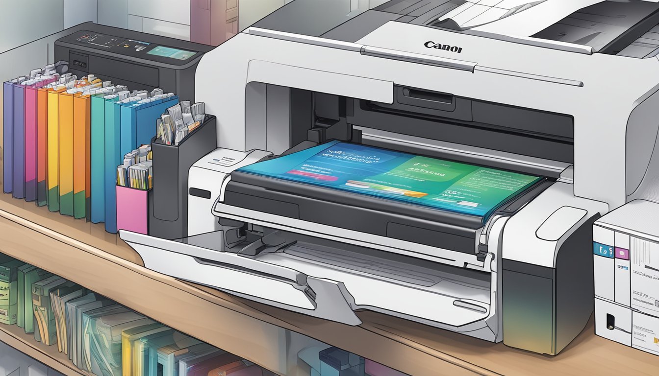 A hand reaches for a Canon cartridge box on a shelf, with various other printer supplies in the background. The packaging features the Canon logo and product details