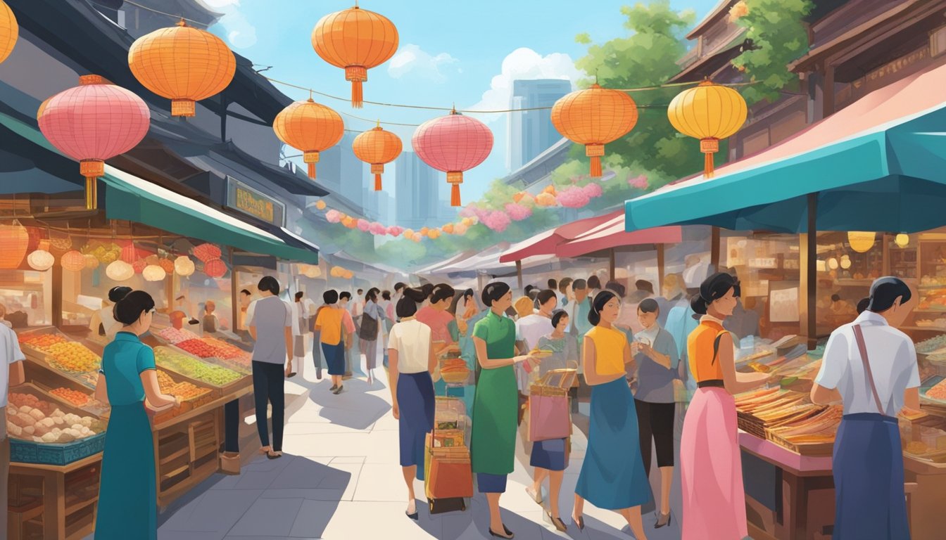 A bustling marketplace in Singapore showcases vibrant cheongsam dresses on display, with intricate patterns and bold colors. Vendors eagerly assist customers, while the aroma of street food fills the air