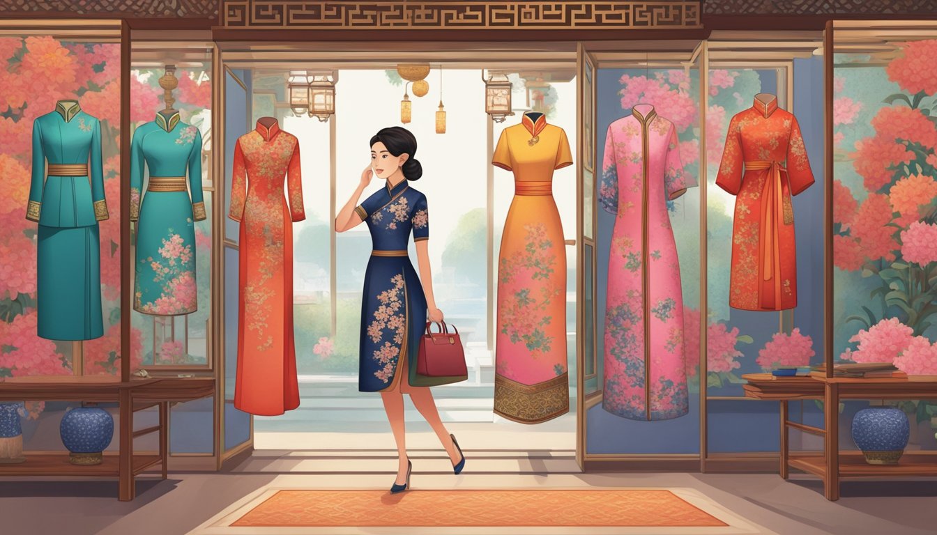 A woman admires a display of vibrant cheongsams in a boutique in Singapore, surrounded by traditional Chinese decor