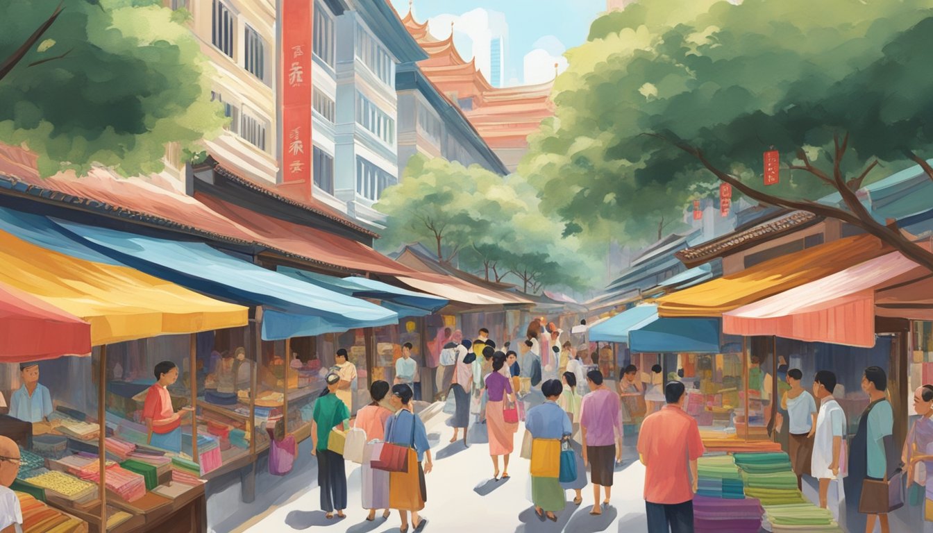 A bustling market street in Singapore, lined with colorful storefronts selling traditional cheongsam dresses. People browse and chat with vendors, surrounded by vibrant fabrics and intricate designs
