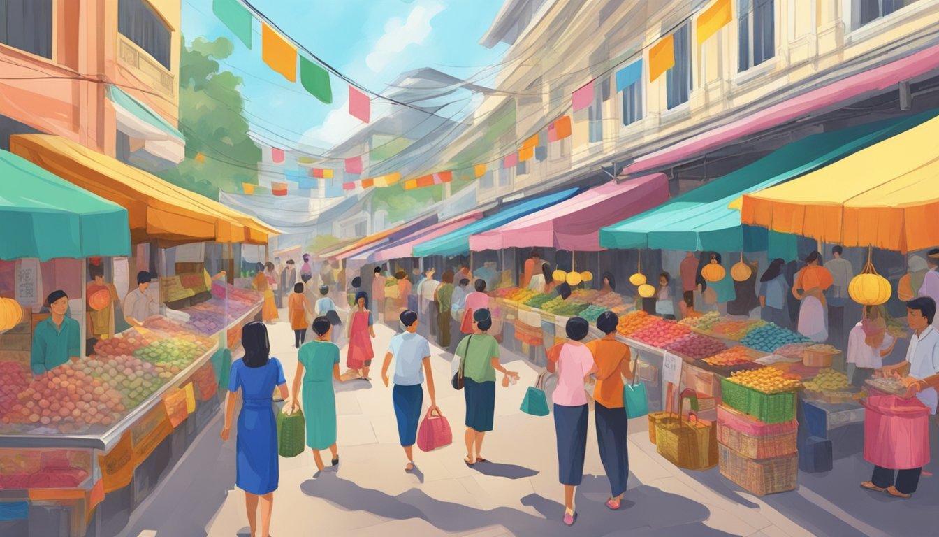 A vibrant street market in Singapore, with rows of colorful cheongsam dresses on display. Customers browsing and vendors engaging in conversation