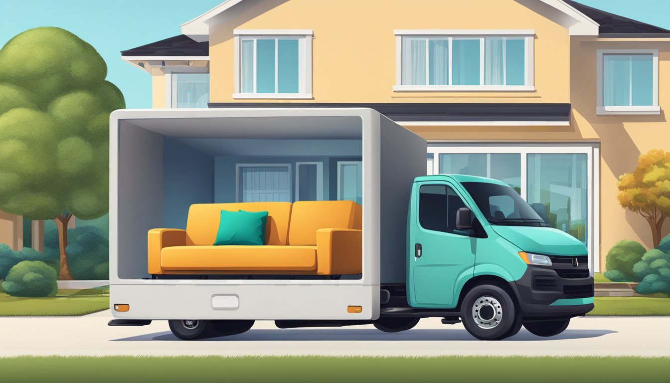 A laptop displaying a website with various sofa options. A delivery truck parked outside a modern home
