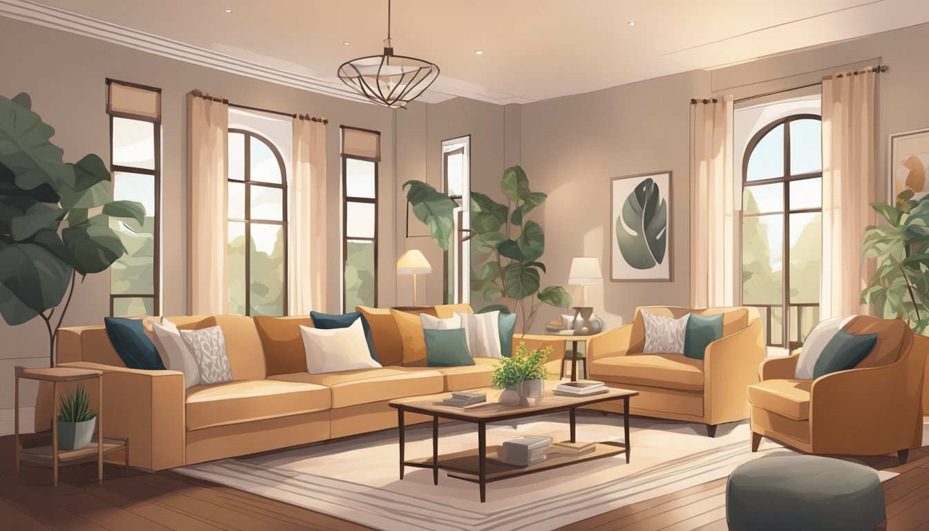 A cozy living room with a variety of stylish sofas. Soft lighting and a warm color palette create a welcoming atmosphere