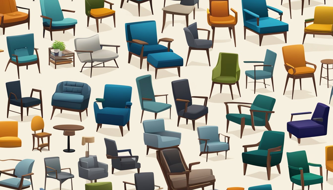 A variety of chairs displayed online, with different styles, colors, and materials. Customers browsing and comparing options on a computer or mobile device