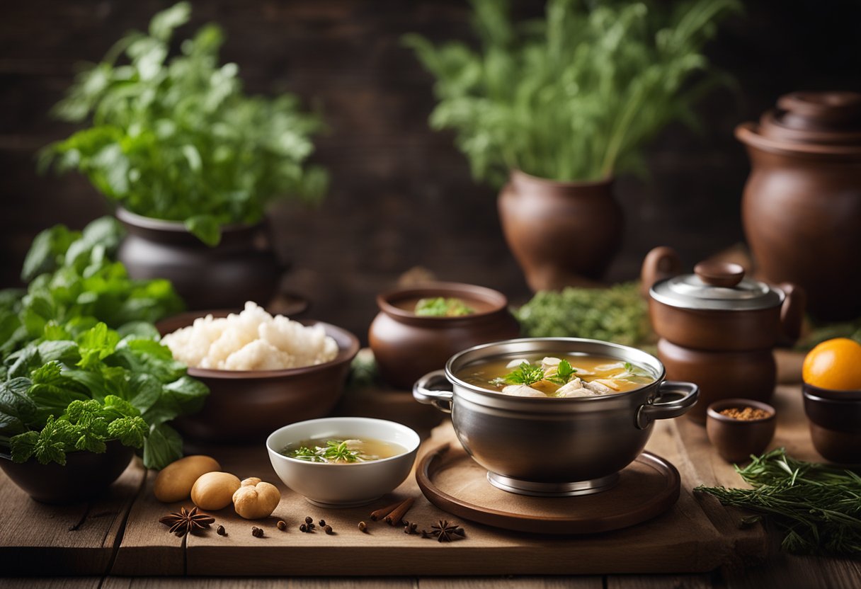 A steaming pot of Chinese chicken wine soup sits on a rustic wooden table, surrounded by traditional herbs and spices. The aroma of the nourishing broth fills the room, evoking a sense of comfort and healing