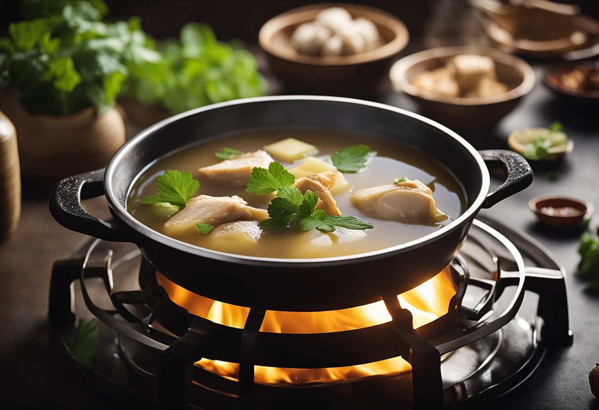 A pot simmers on a stove, filled with Chinese chicken wine soup ingredients. A bottle of Shaoxing wine, ginger, and chicken pieces are visible