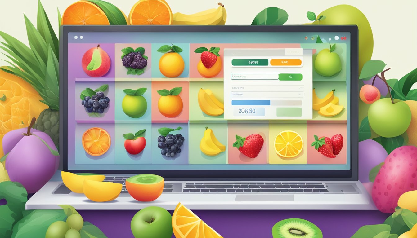 A computer screen showing various fruit options with discounted prices and a "buy now" button