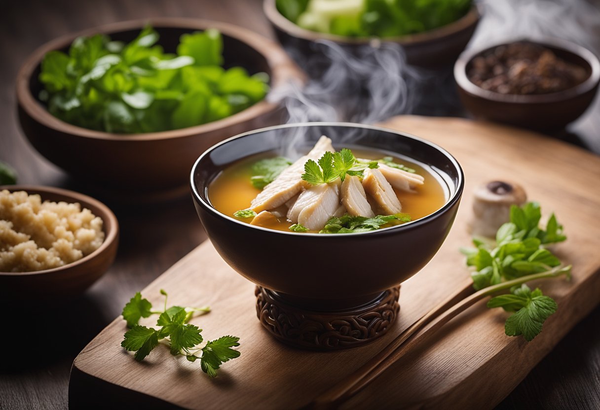 A steaming bowl of Chinese chicken wine soup sits on a wooden table, garnished with fresh herbs and served in a traditional ceramic bowl