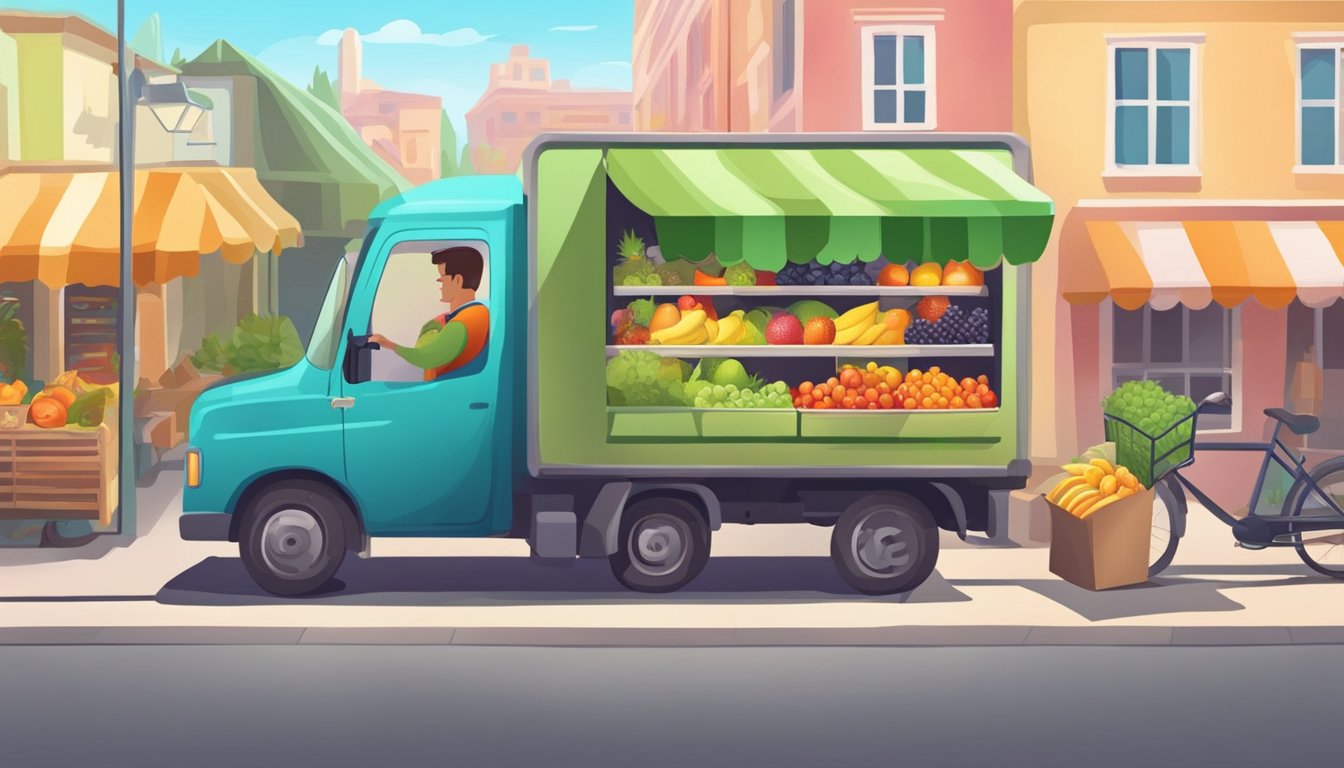 A hand clicks "place order" on a phone. A delivery truck waits outside a fruit market. The driver loads a box of fresh fruits
