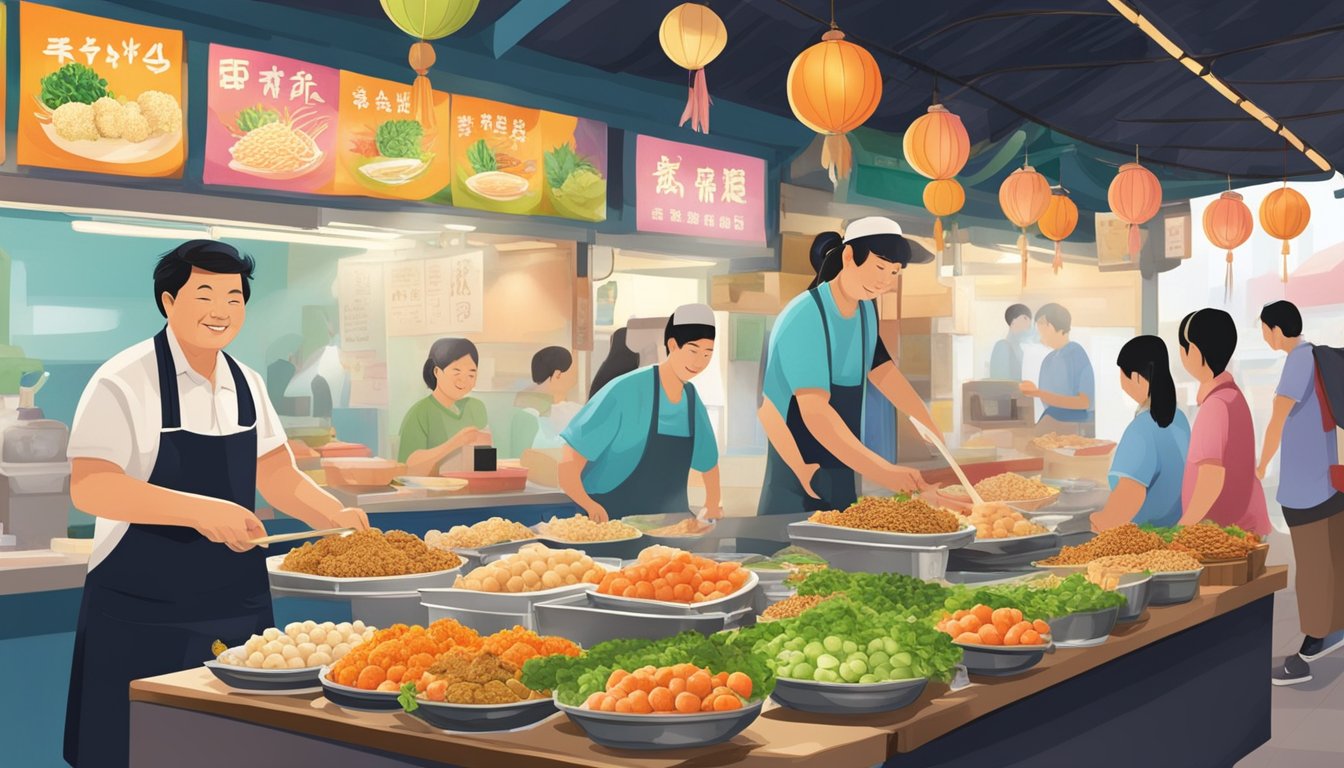 A bustling market stall in Singapore sells Fuzhou fish balls, with a colorful array of ingredients and a friendly vendor serving eager customers