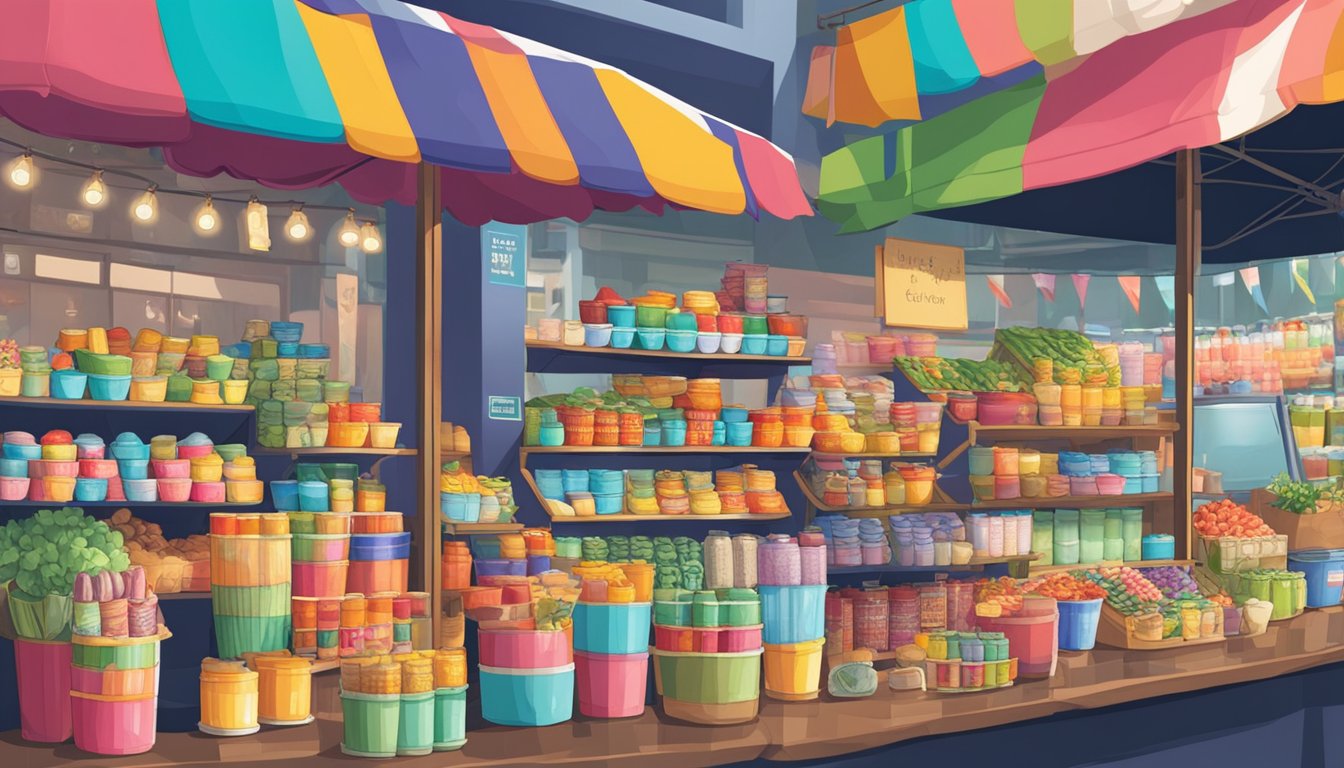 A bustling market stall in Singapore displays colorful Freedom Cups, with a sign advertising their availability for purchase