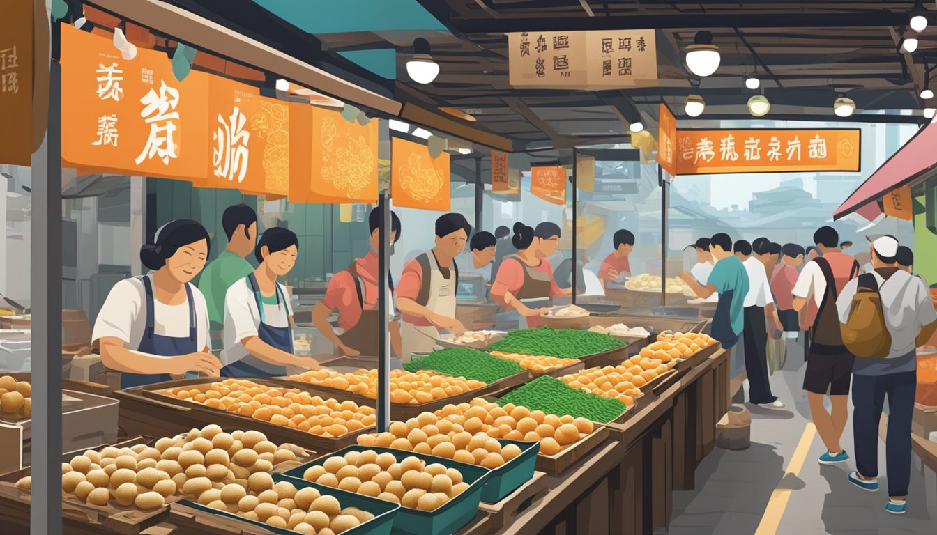 A bustling Singapore market stall displays Fuzhou fish balls, neatly arranged in rows, with a sign advertising their availability