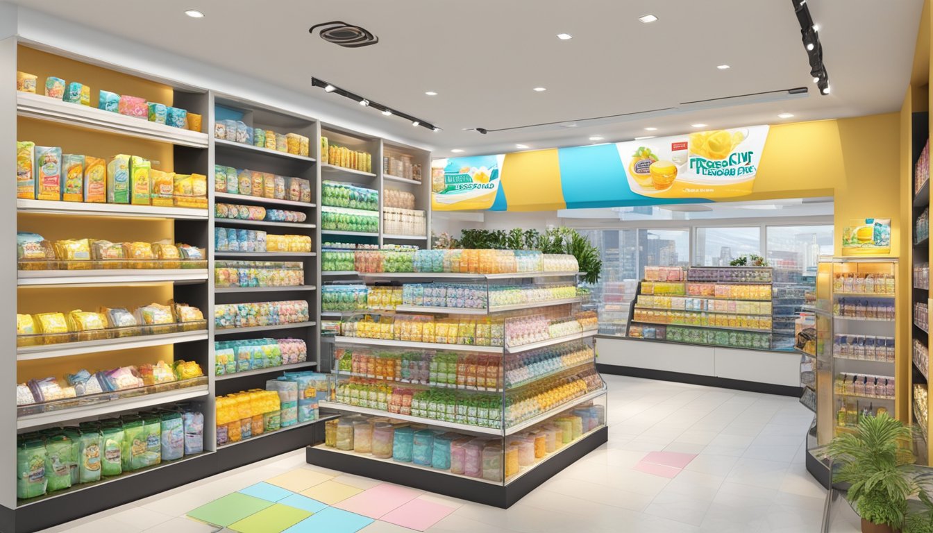 A bright and inviting display of Freedom Cup products at a Singapore store, with clear signage and helpful staff