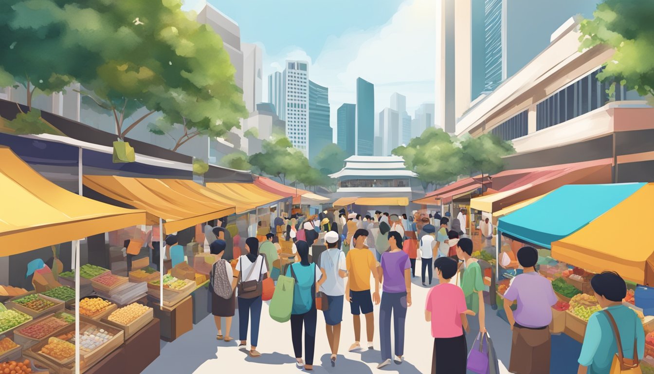 A bustling Singapore marketplace with colorful stalls, showcasing the Freedom Cup product and surrounded by curious shoppers
