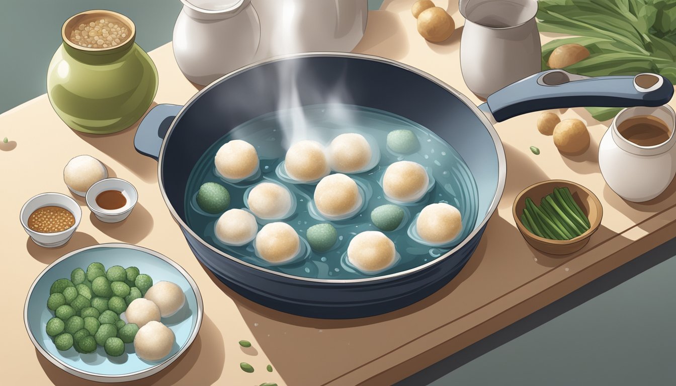 A pot of boiling water with Fuzhou fish balls being gently dropped in. Ingredients and utensils laid out on a clean kitchen counter