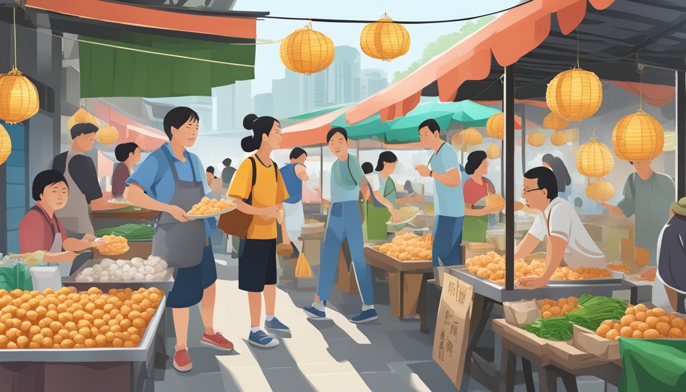 A bustling Singapore market stall sells Fuzhou fish balls, with eager customers asking questions and vendors deftly handling the popular delicacy