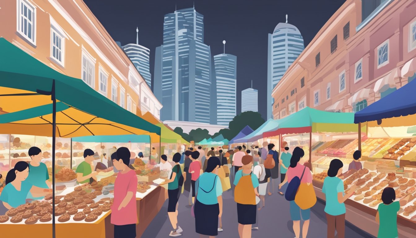 A bustling marketplace with colorful stalls selling gingerbread men in Singapore. People are seen browsing and purchasing the sweet treats