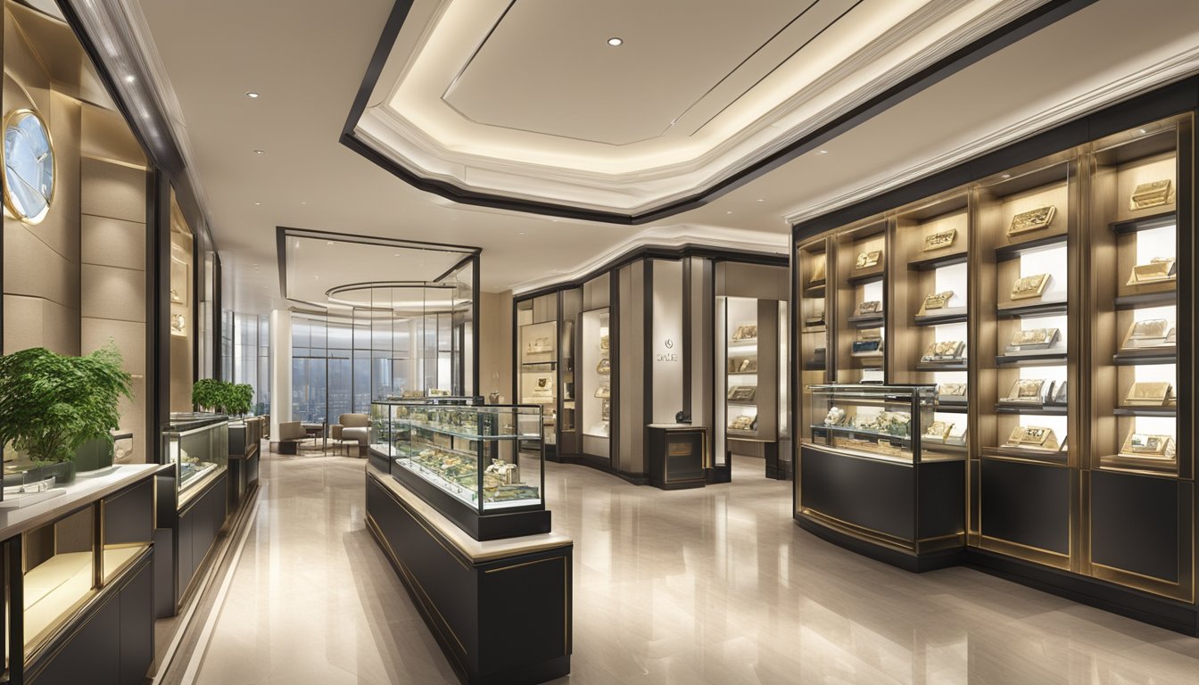 A luxurious watch boutique in Singapore displays a variety of Rolex timepieces, with elegant lighting and modern interior design