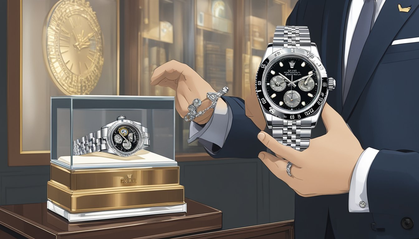 A hand gently adjusts a Rolex timepiece on a velvet-lined display case, with a sign indicating "Where to buy Rolex in Singapore" in the background
