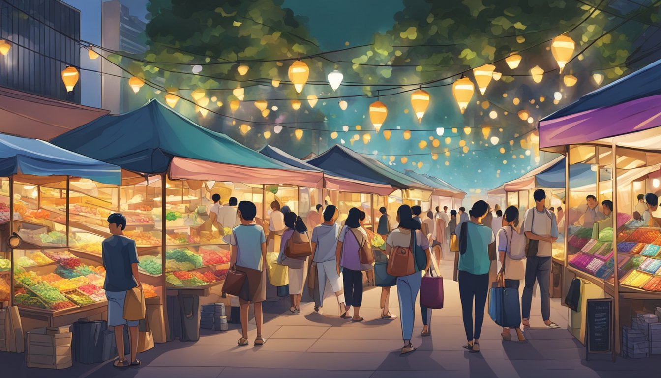 A bustling marketplace with various vendors selling different types of lights in Singapore. Brightly lit stalls and colorful displays attract customers