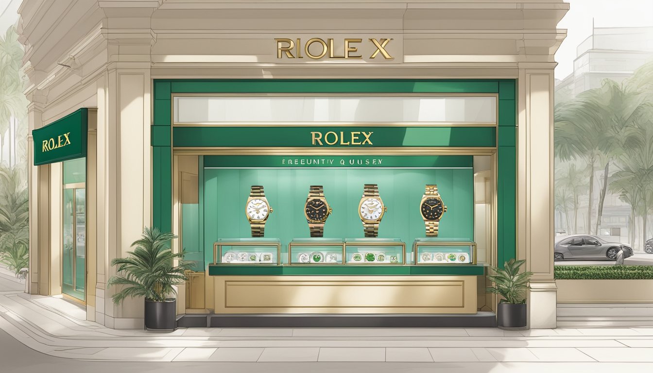 A luxurious watch boutique in Singapore showcasing a display of Rolex timepieces with a sign reading "Frequently Asked Questions: where to buy Rolex in Singapore."
