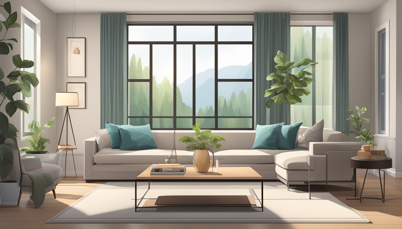A cozy living room with a modern sofa and a sleek coffee table. A large window lets in natural light, highlighting a stylish wall clock