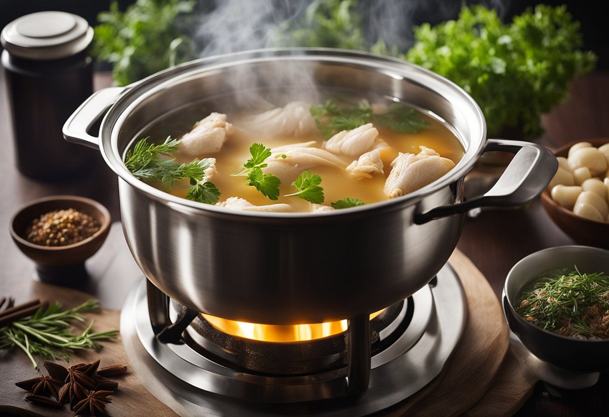 A steaming pot of Chinese chicken wine soup simmers on a stove, with aromatic herbs and spices scattered nearby. Ingredients are neatly arranged on a countertop, ready to be added to the bubbling broth