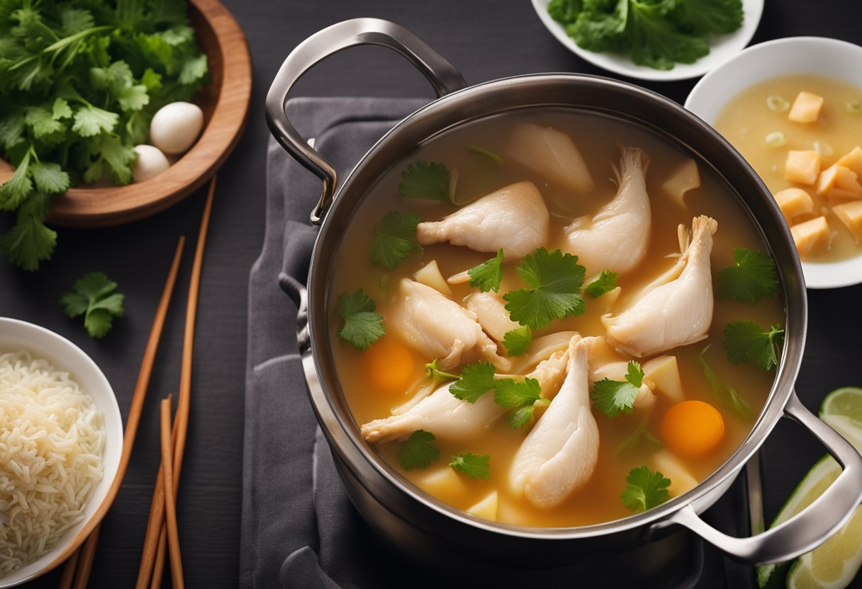 Chinese chicken wine soup simmers in a large pot on a stove. Steam rises as the ingredients combine, creating a fragrant and flavorful broth