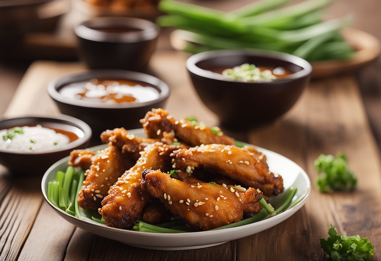 A plate of crispy Chinese chicken wings, garnished with green onions and sesame seeds, sits on a wooden table next to a bowl of spicy dipping sauce