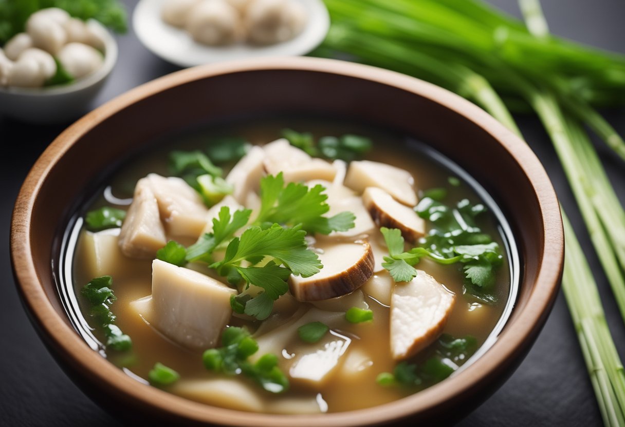 A steaming bowl of Chinese chicken wine soup with visible chunks of chicken, mushrooms, and bamboo shoots, surrounded by a scattering of green onions and cilantro