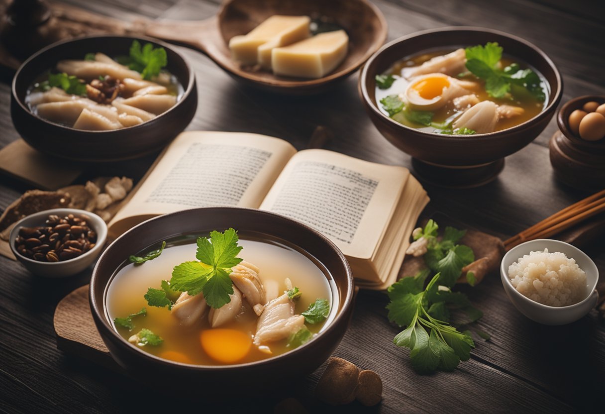 A steaming bowl of Chinese chicken wine soup surrounded by ingredients and a recipe book