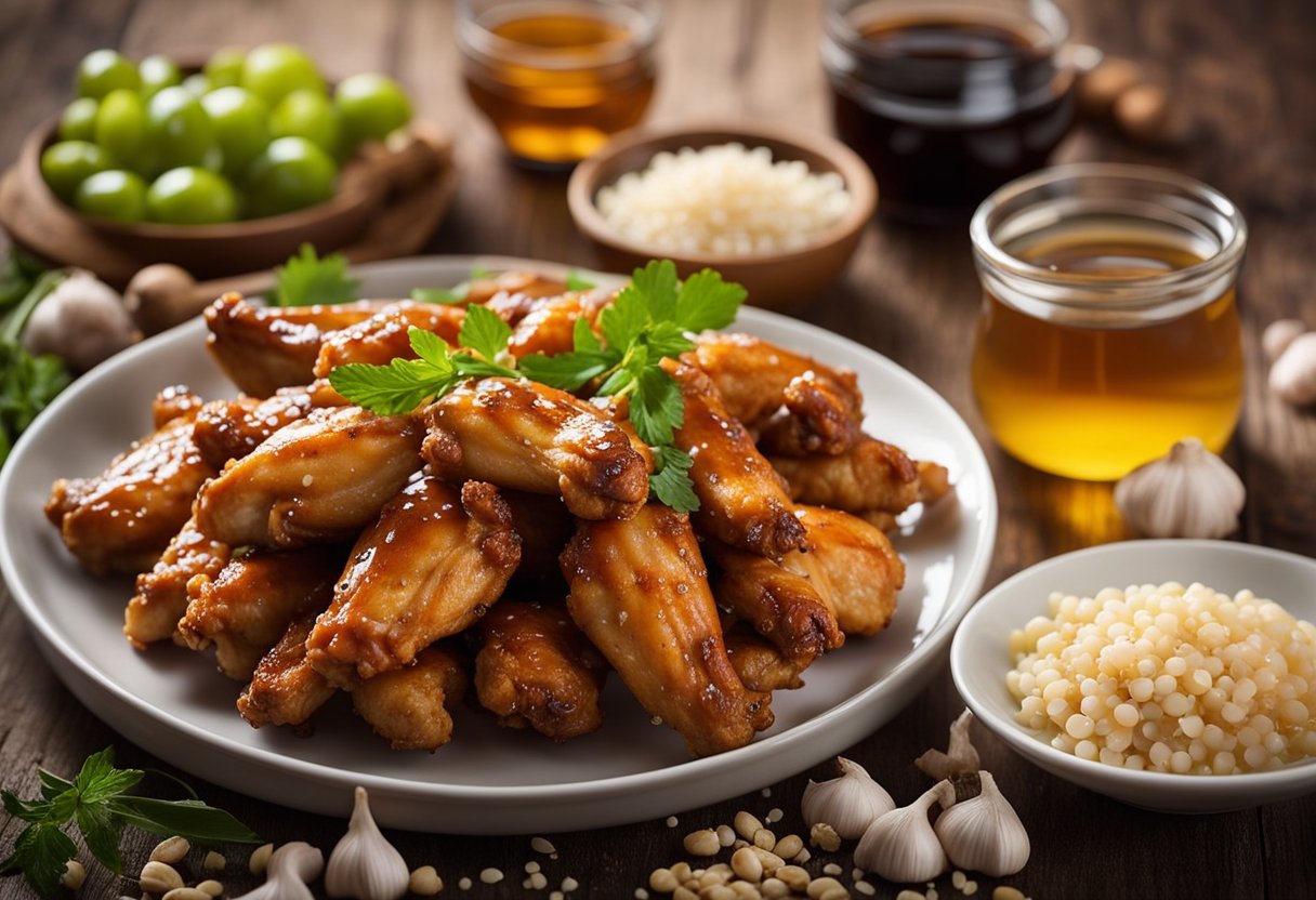 A table with ingredients: chicken wings, soy sauce, ginger, garlic, honey, and vinegar. Possible substitutions: tamari for soy sauce, maple syrup for honey