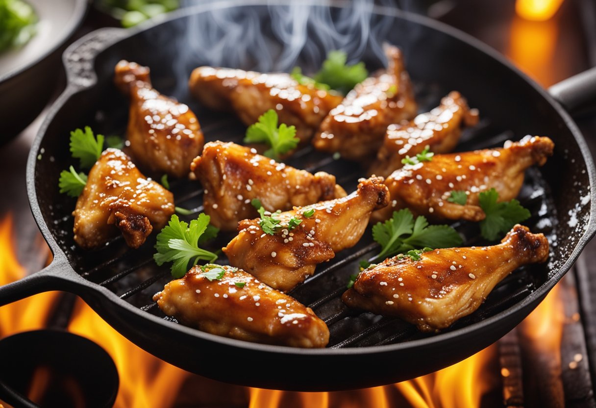 Chicken wings sizzling in a hot wok with garlic, ginger, and soy sauce. Steam rising, creating a savory aroma