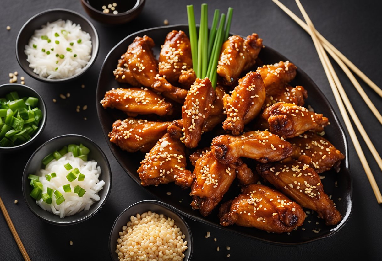 A plate of Chinese chicken wings surrounded by chopsticks, a bowl of dipping sauce, and garnished with sesame seeds and green onions
