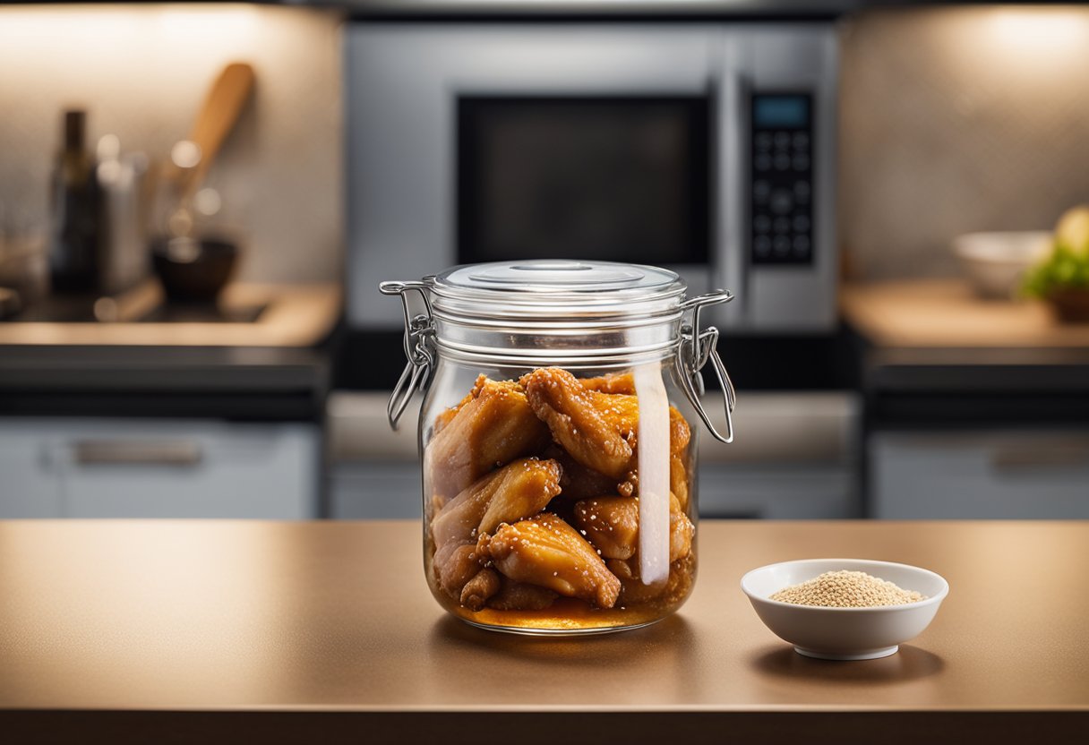 Chinese chicken wings in a glass container, covered with a lid. Microwave and oven in the background. Soy sauce and sesame seeds on the counter