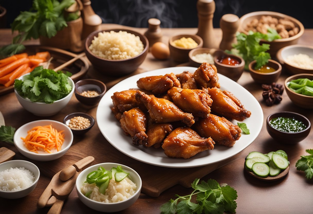 A plate of Chinese chicken wings surrounded by various ingredients and cooking utensils on a kitchen counter