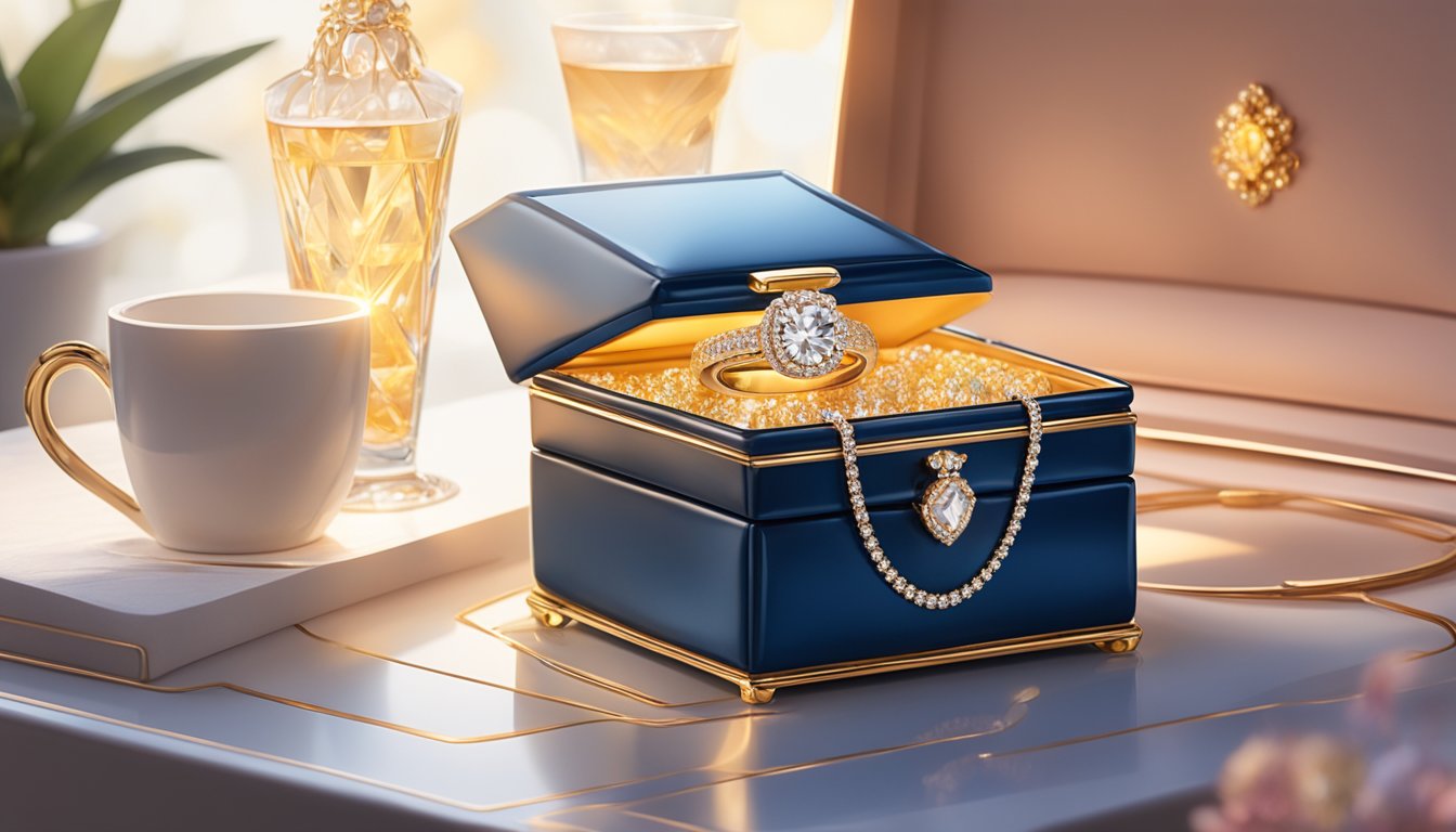 A sparkling cocktail ring sits atop a velvet-lined jewelry box, catching the light and reflecting its allure. Nearby, a laptop displays an online shopping page for cocktail rings