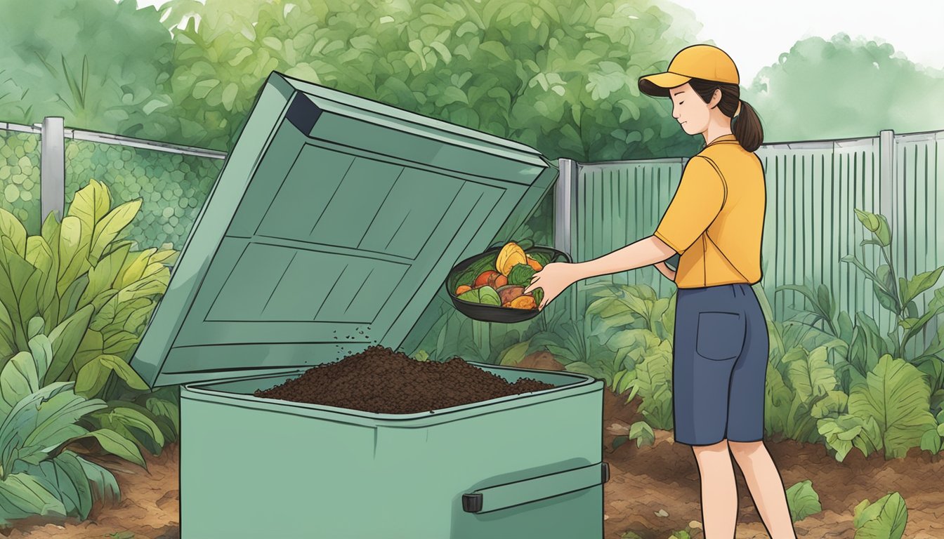 A person placing food scraps into a compost bin in a Singapore garden
