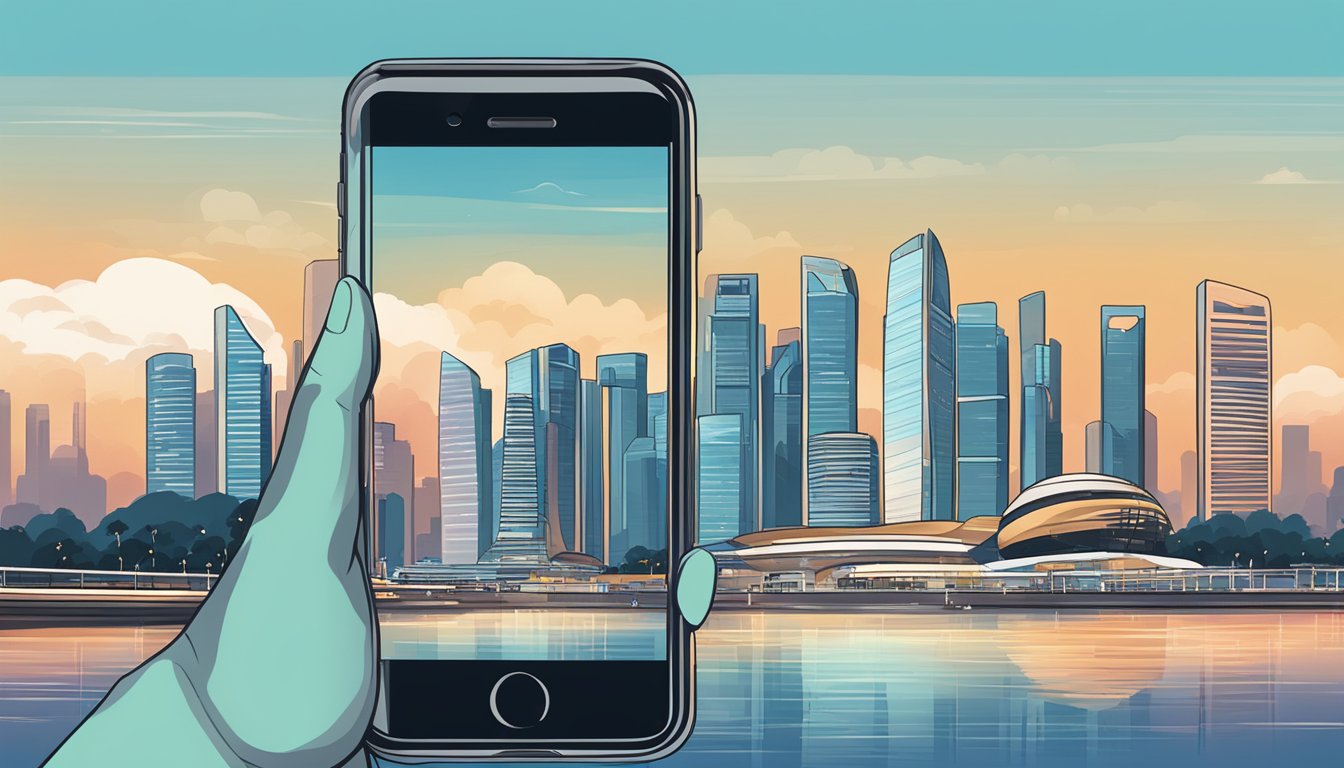 A hand holding an iPhone with the Singapore skyline in the background