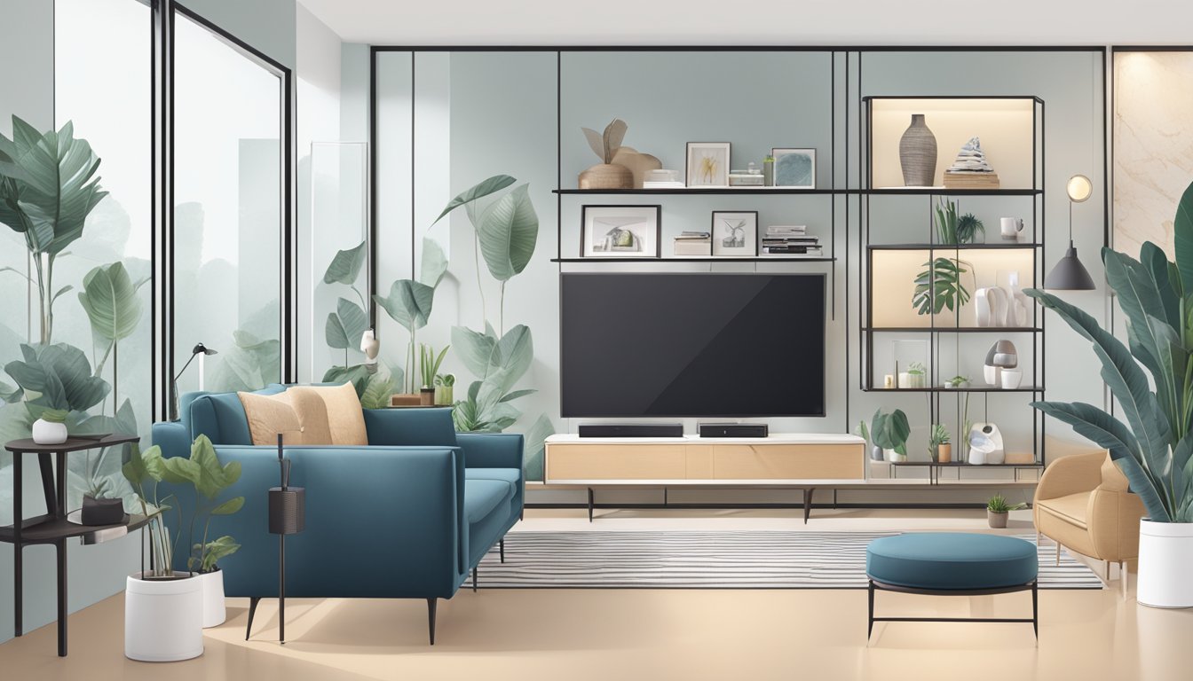 A customer in a furniture store in Singapore is purchasing a sleek and modern TV console, surrounded by various other home decor items