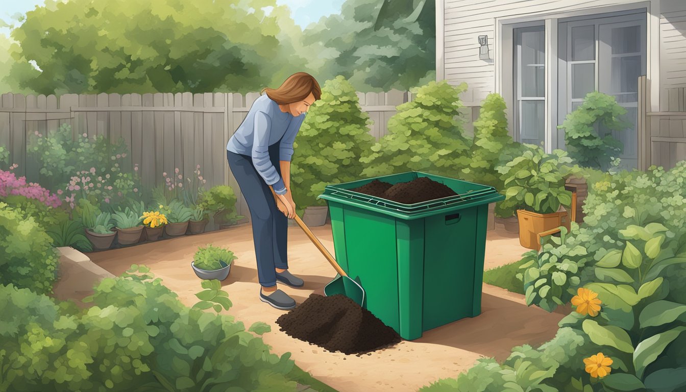 A person setting up a compost bin in a backyard garden, surrounded by greenery and holding a shovel