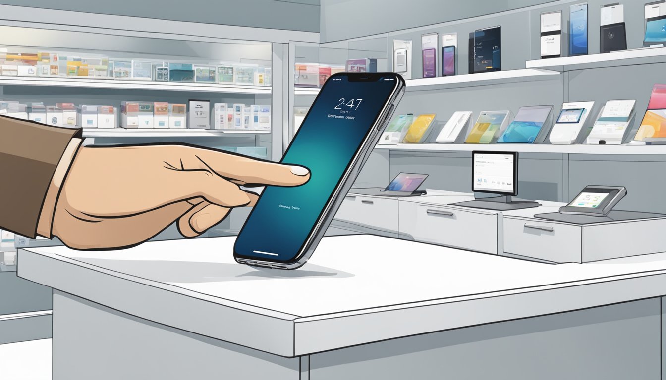 A hand reaches for an iPhone displayed on a sleek, white counter in a Singaporean electronics store. A salesperson stands nearby, ready to assist